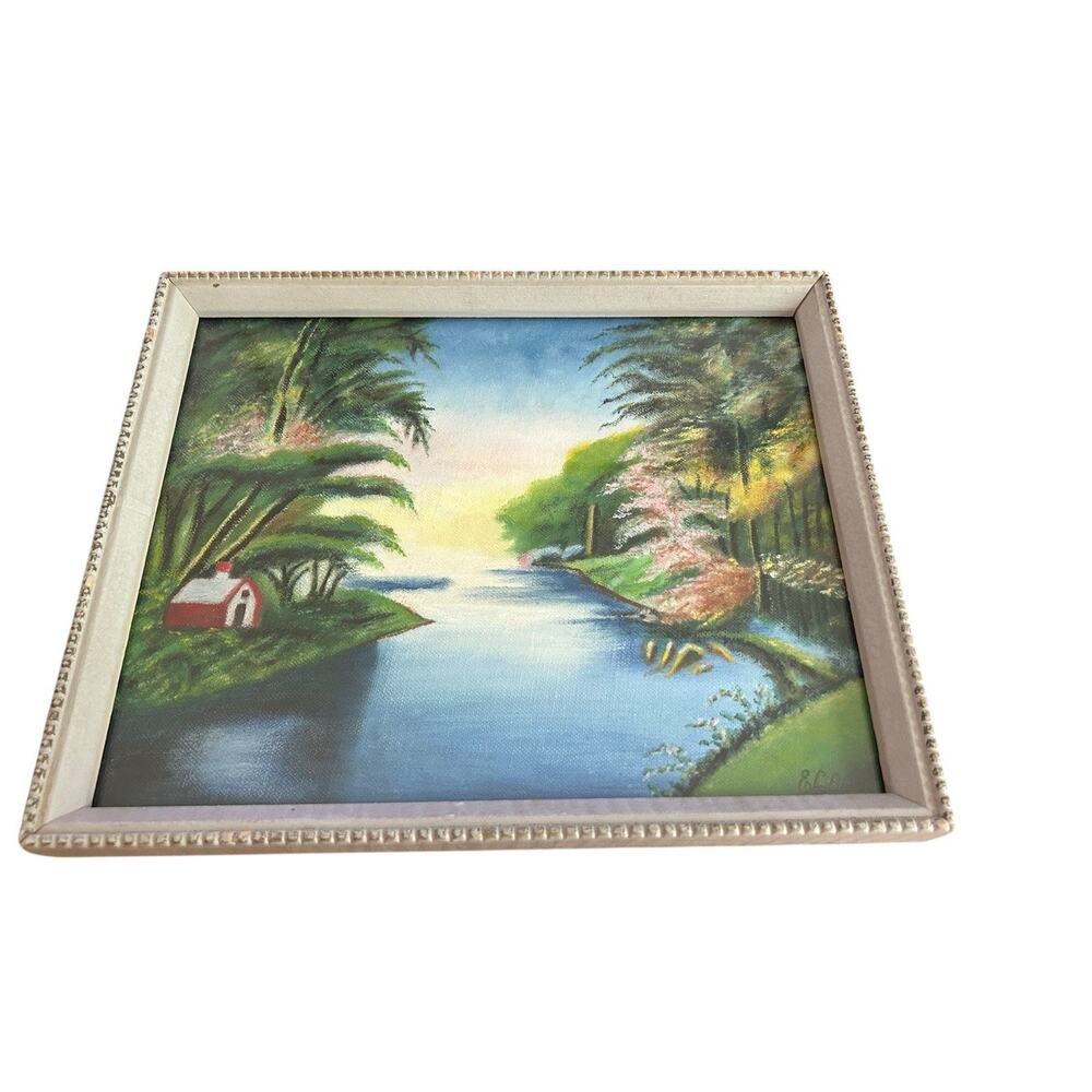 Vintage hand painted‎ landscape artwork oil painting? river foliage framed Bragg